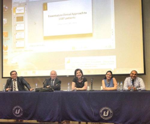 The panel at this talk on Homosexuality as seen by the Professionals (from left: Dr. Sami Richa, Father Michel Scheuer, Ms. Mima Mzawek, Dr. Hala Kerbage and Dr. Omar Fattal